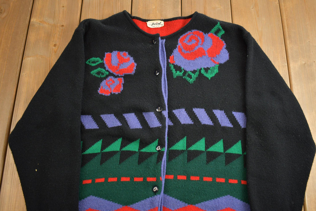 Vintage 1980s Abstract Floral Theme Knit Cardigan Sweater