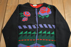 Vintage 1980s Abstract Floral Theme Knit Cardigan Sweater
