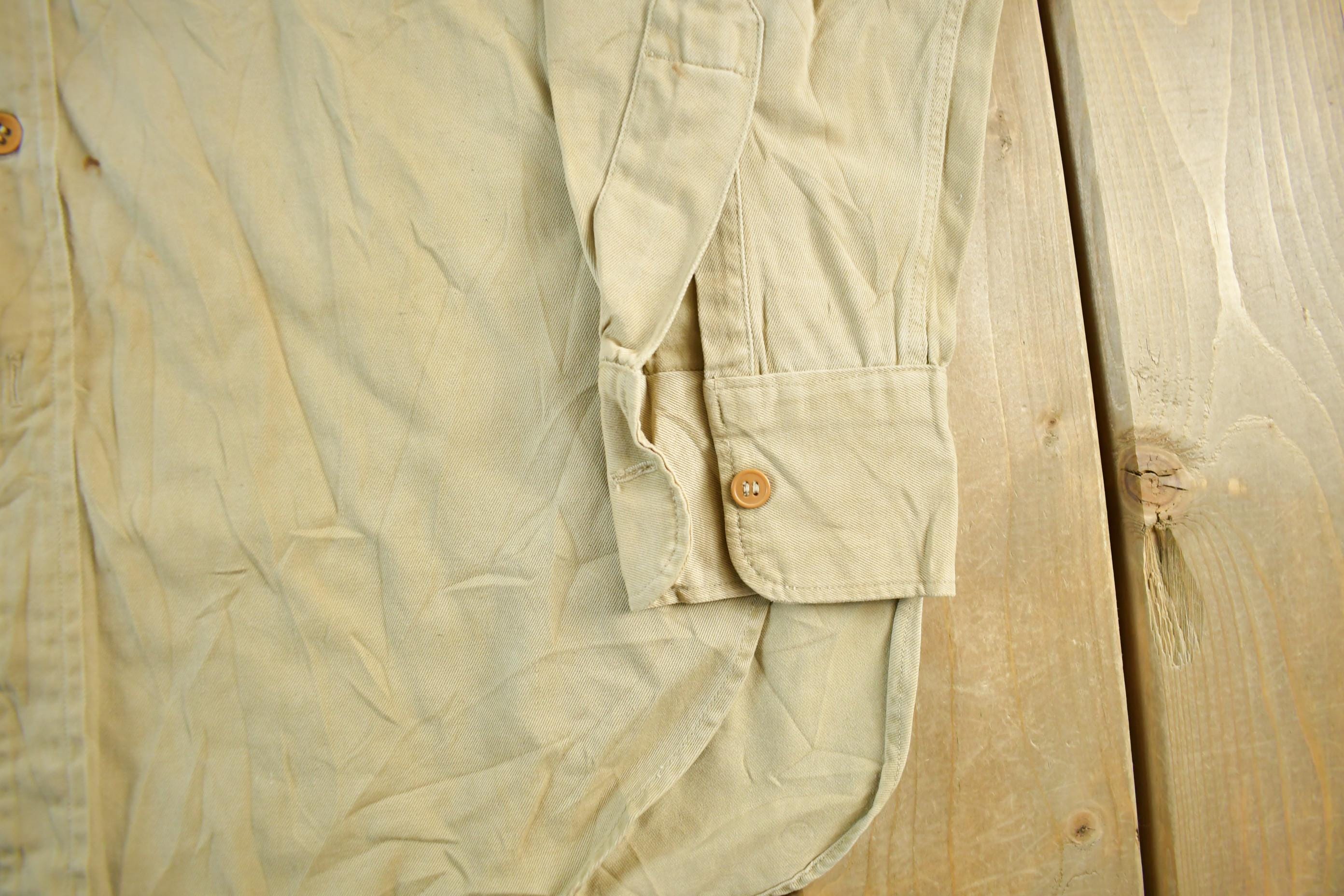 Vintage 1950s Military Khaki Button Up Shirt Men's Large