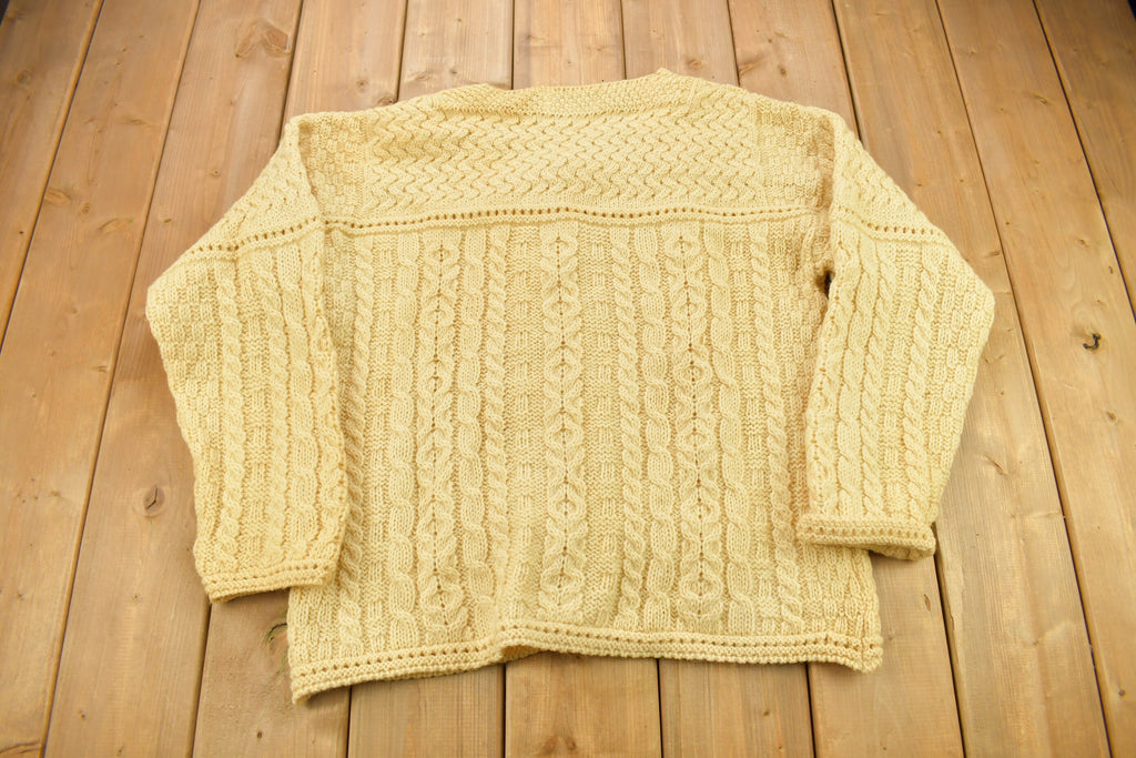 Vintage 1990s Aran Crafts 100% Wool 3D Cable Knit Cardigan Sweater