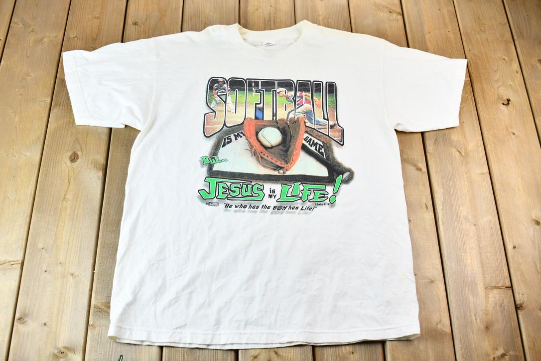 Vintage 1990s Kerusso Activewear Softball is my Game but Jesus is my Life Graphic T-Shirt