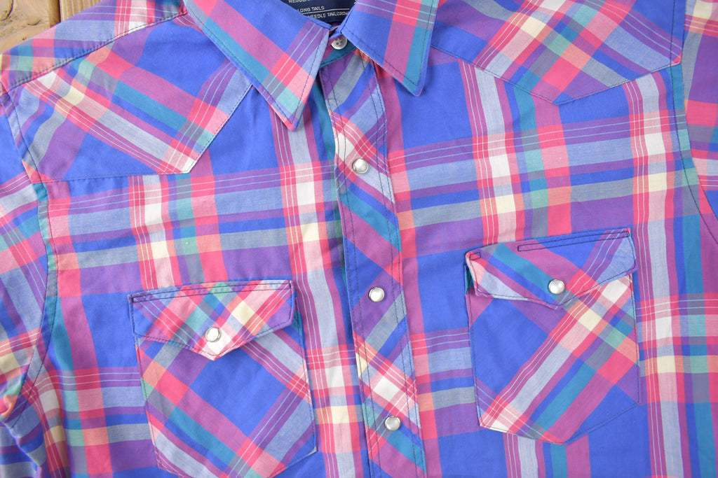 Vintage 1990s Wrangler Cowboy Cut X Long Tails Western Style Pearl Snap Button Up Plaid Shirt