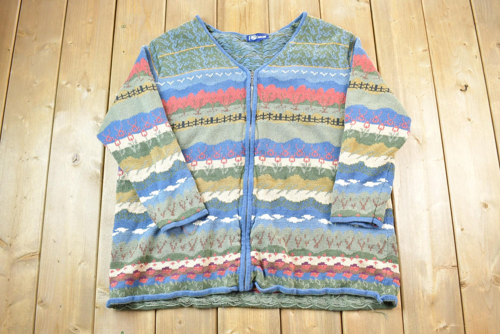 Vintage 1990s PS casual Landscape Theme Knit Crewneck Full Zip Sweater