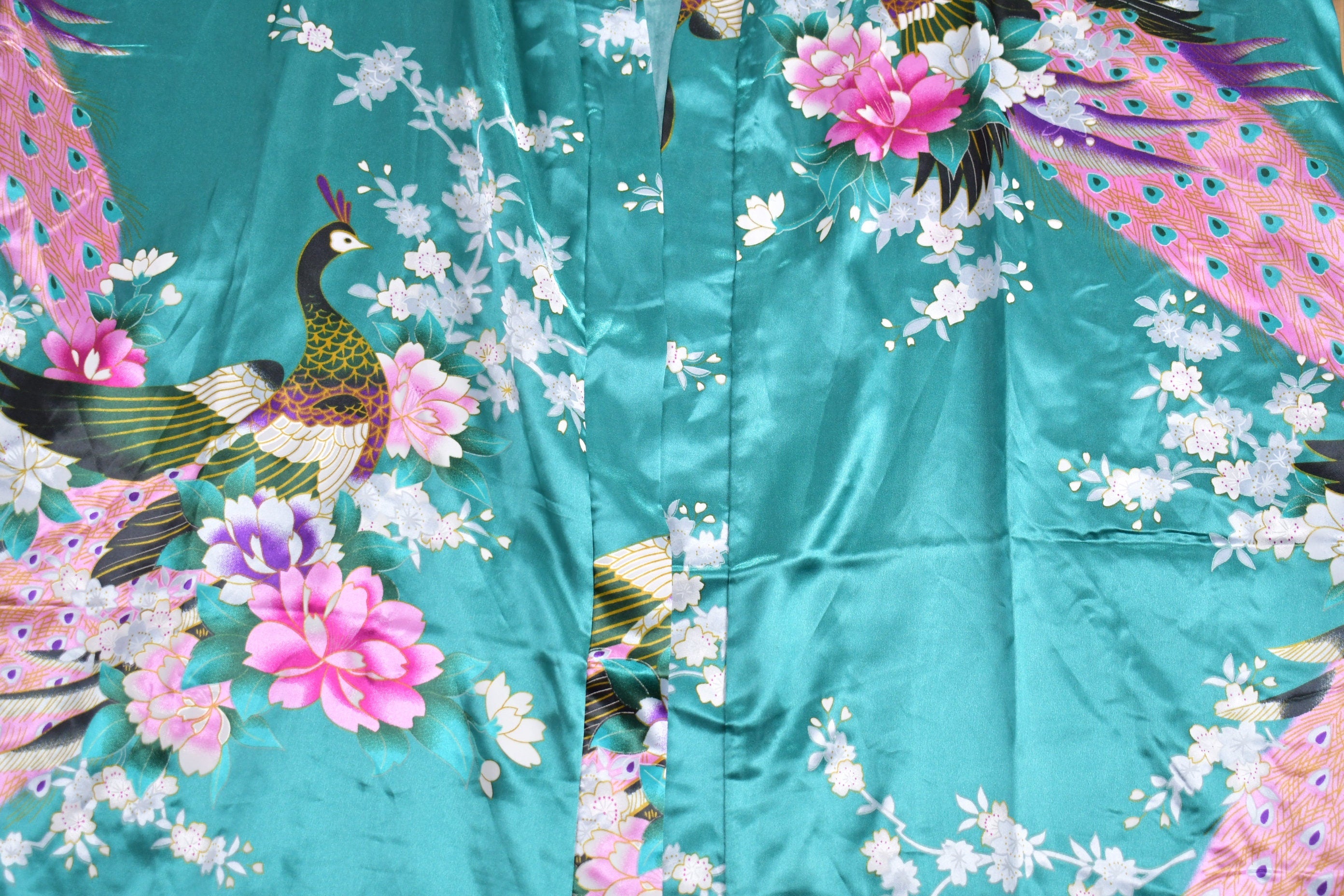 Vintage Japanese Peacock Print Silk Kimono Robe