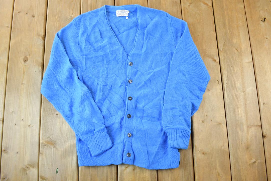 Vintage 1970s Blue Knit Perfect Mild Distress Cardigan Sweater Made In USA