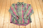 Vintage 1990s Five Brother Thrashed Plaid Button Up Shirt Men's L / 90's Rugged Polo