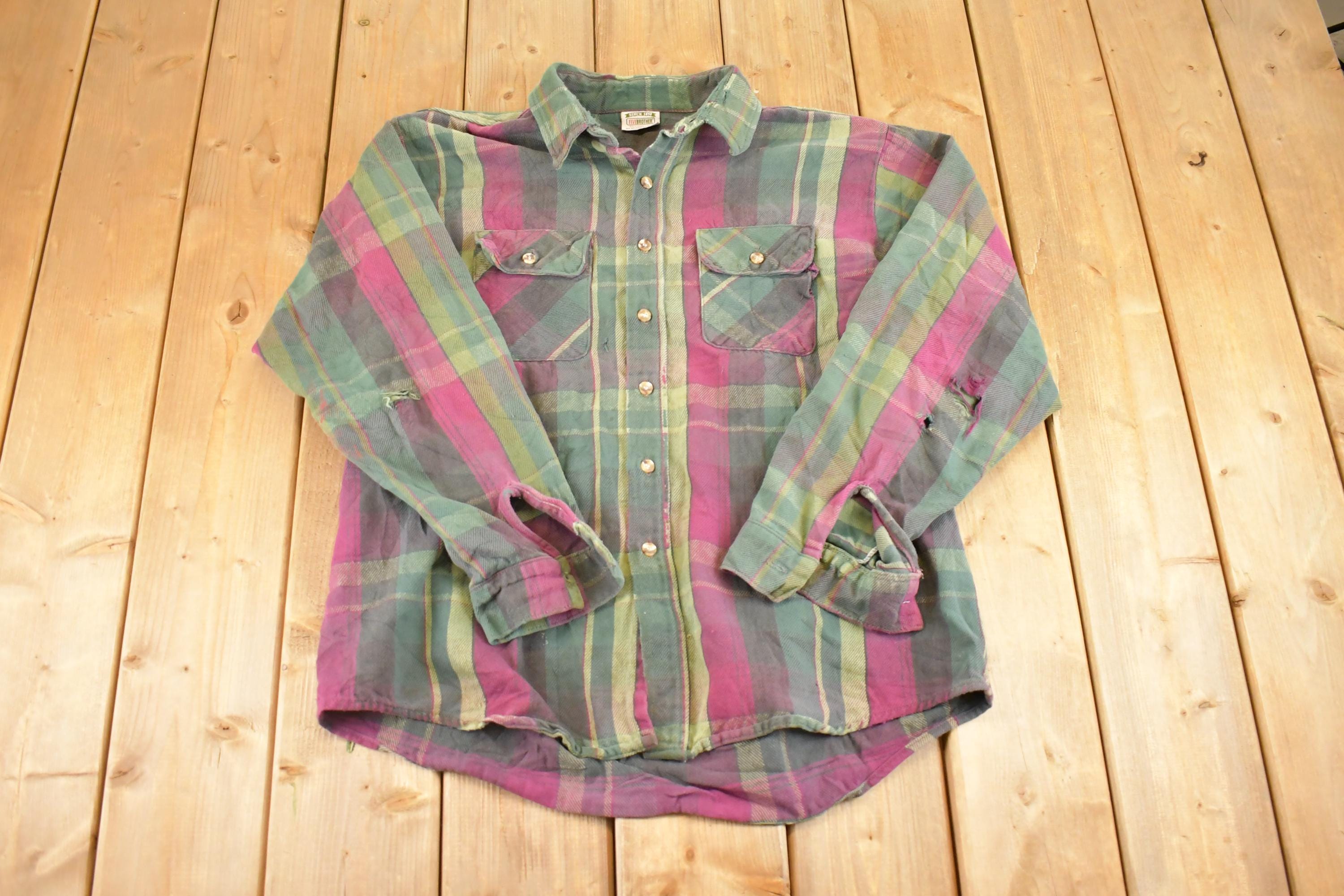 Vintage 1990s Five Brother Thrashed Plaid Button Up Shirt Men's L / 90's Rugged Polo