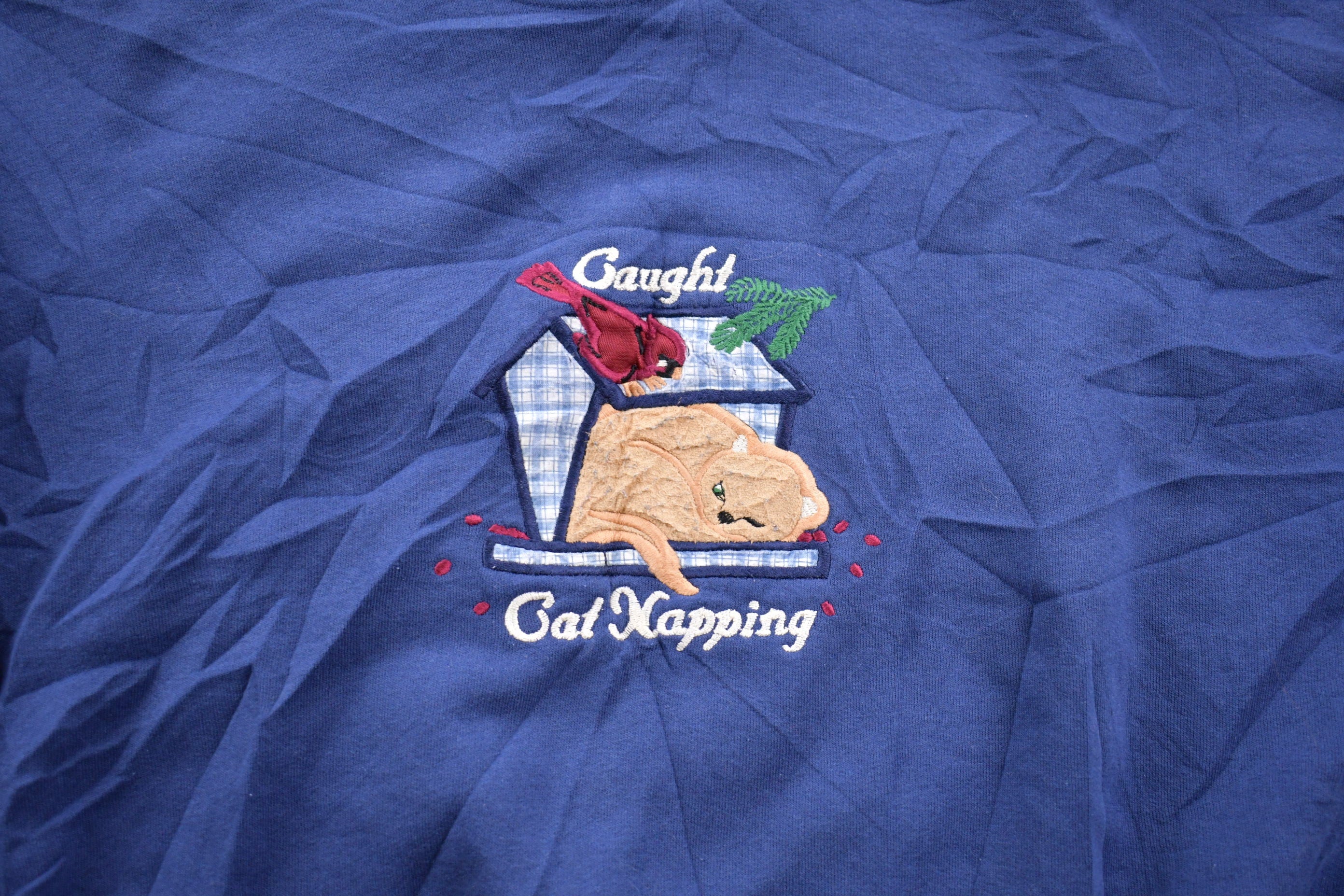 Vintage 1990 Cat Napping Embroidered Crewneck Sweatshirt