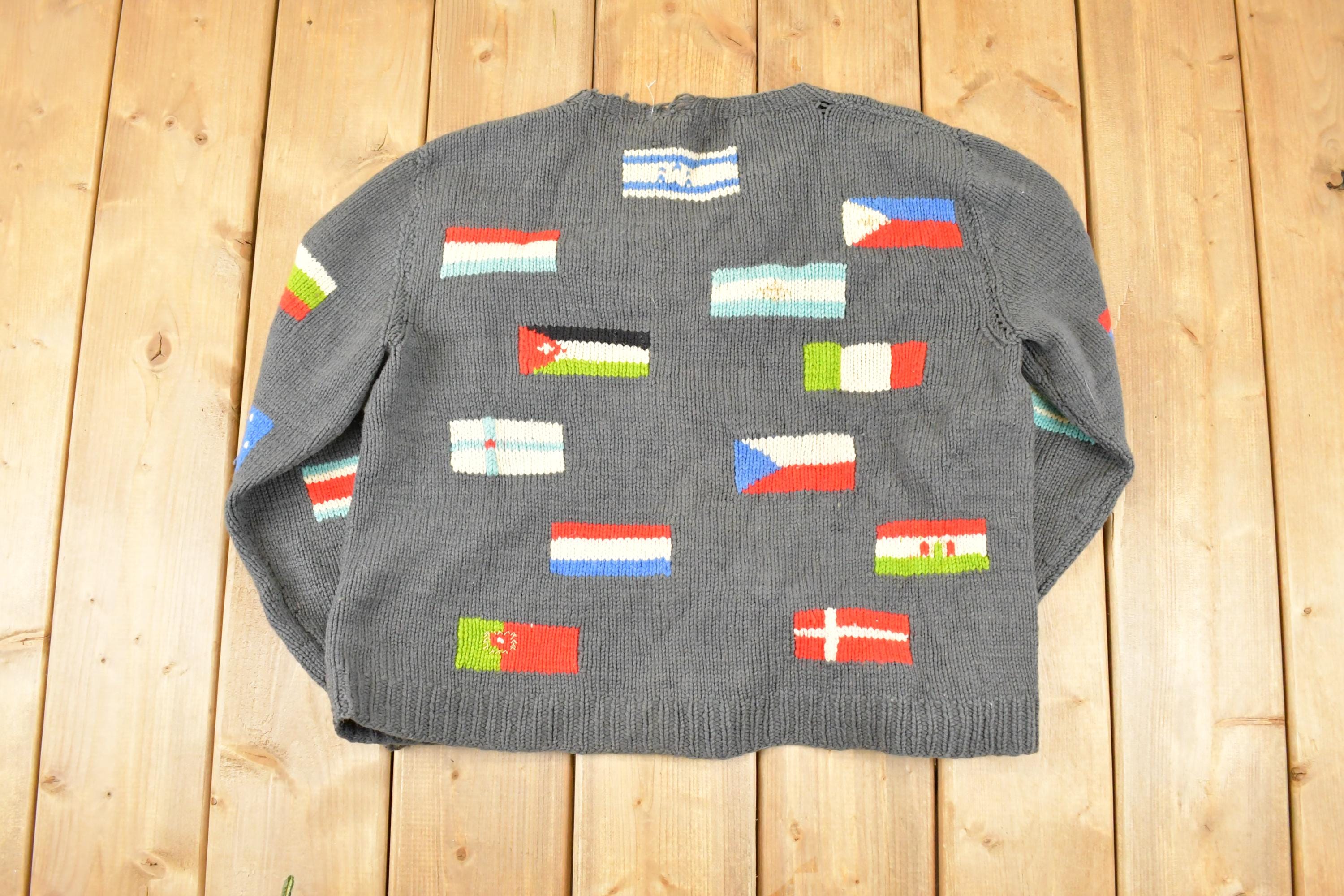 Vintage 1980s Multi Flag Abstract Knit Cardigan Sweater Men's M