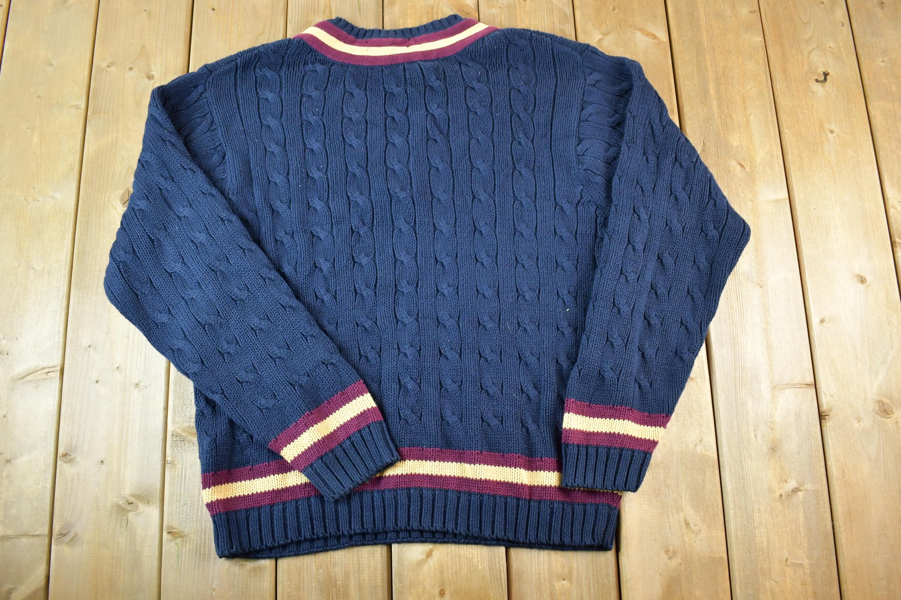 Vintage 1990s Brooks Brothers Preppy V Neck 3D Colored Cable Knit Sweater