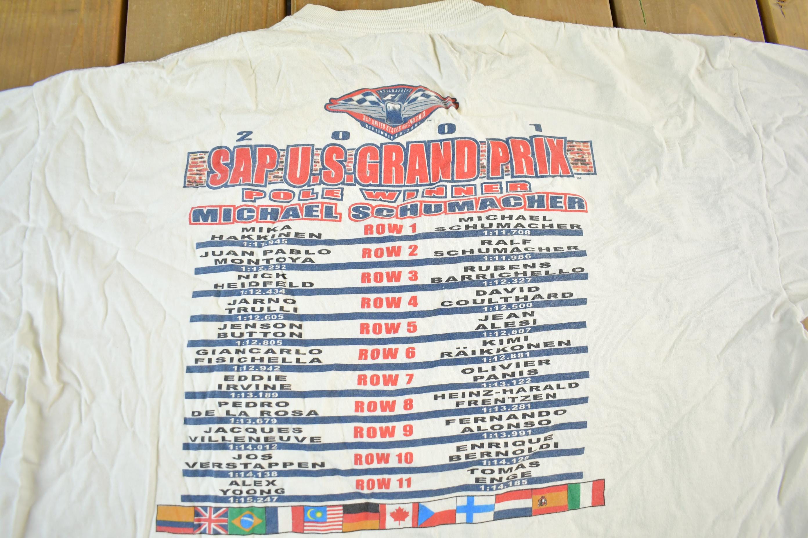 Vintage 2001 Formula 1 SAP U.S. Grand Prix Racing Graphic T-Shirt Men's 2XL