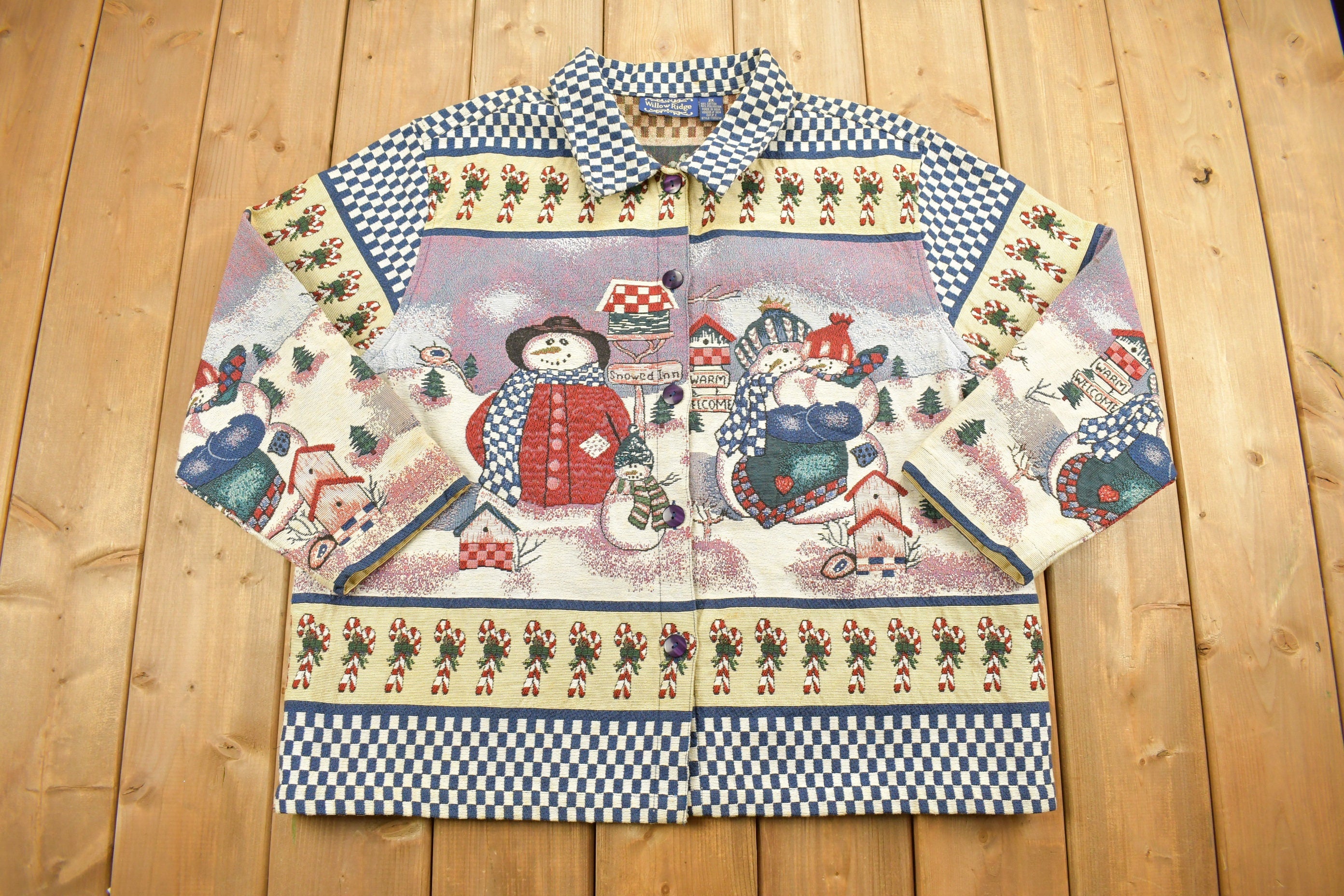 Vintage 1990s Christmas Graphic Patchwork Button Up Jacket
