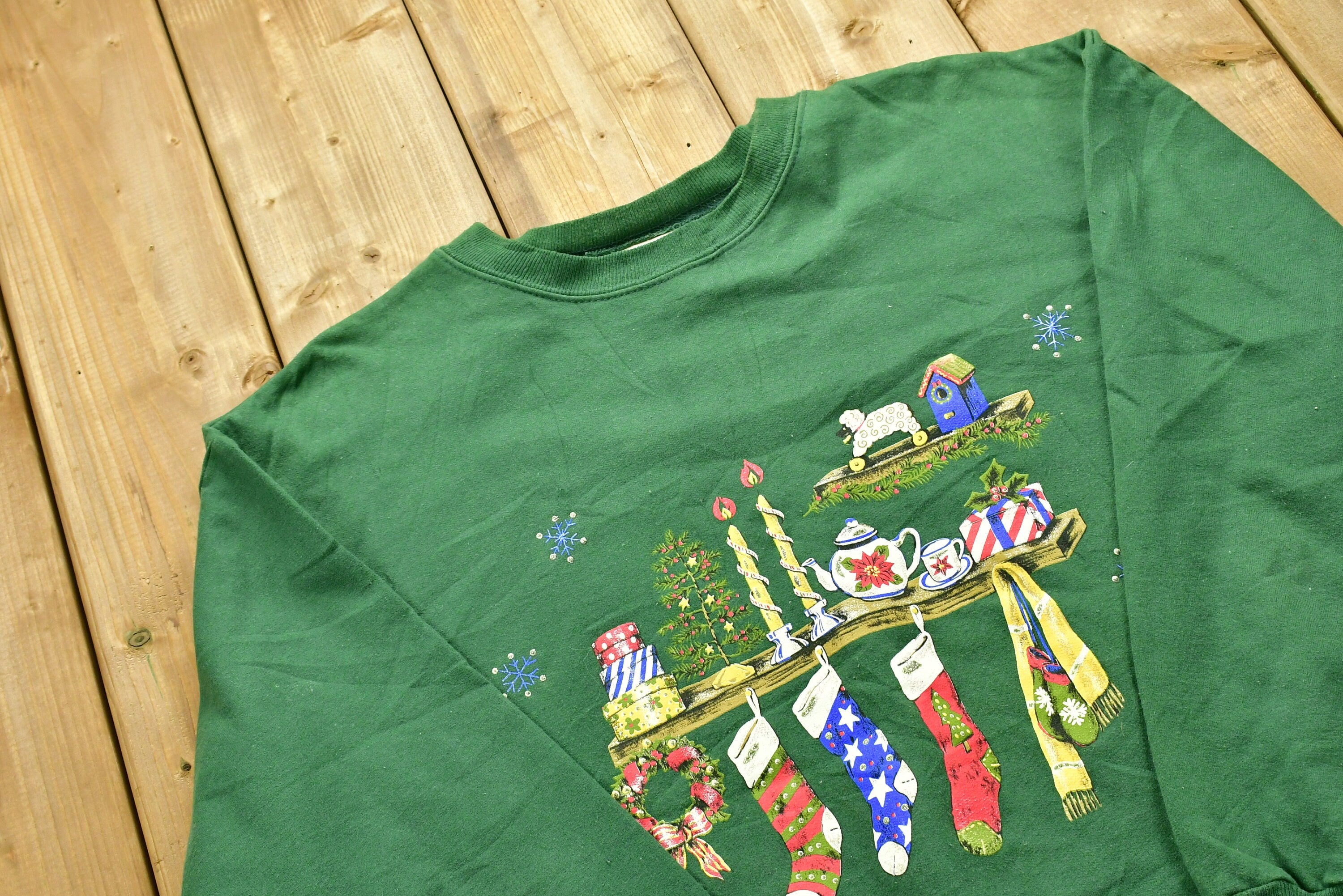 Vintage Christmas Sweater , 90s Holiday Crewneck , Winter Wear , Festive Stocking Graphic Print