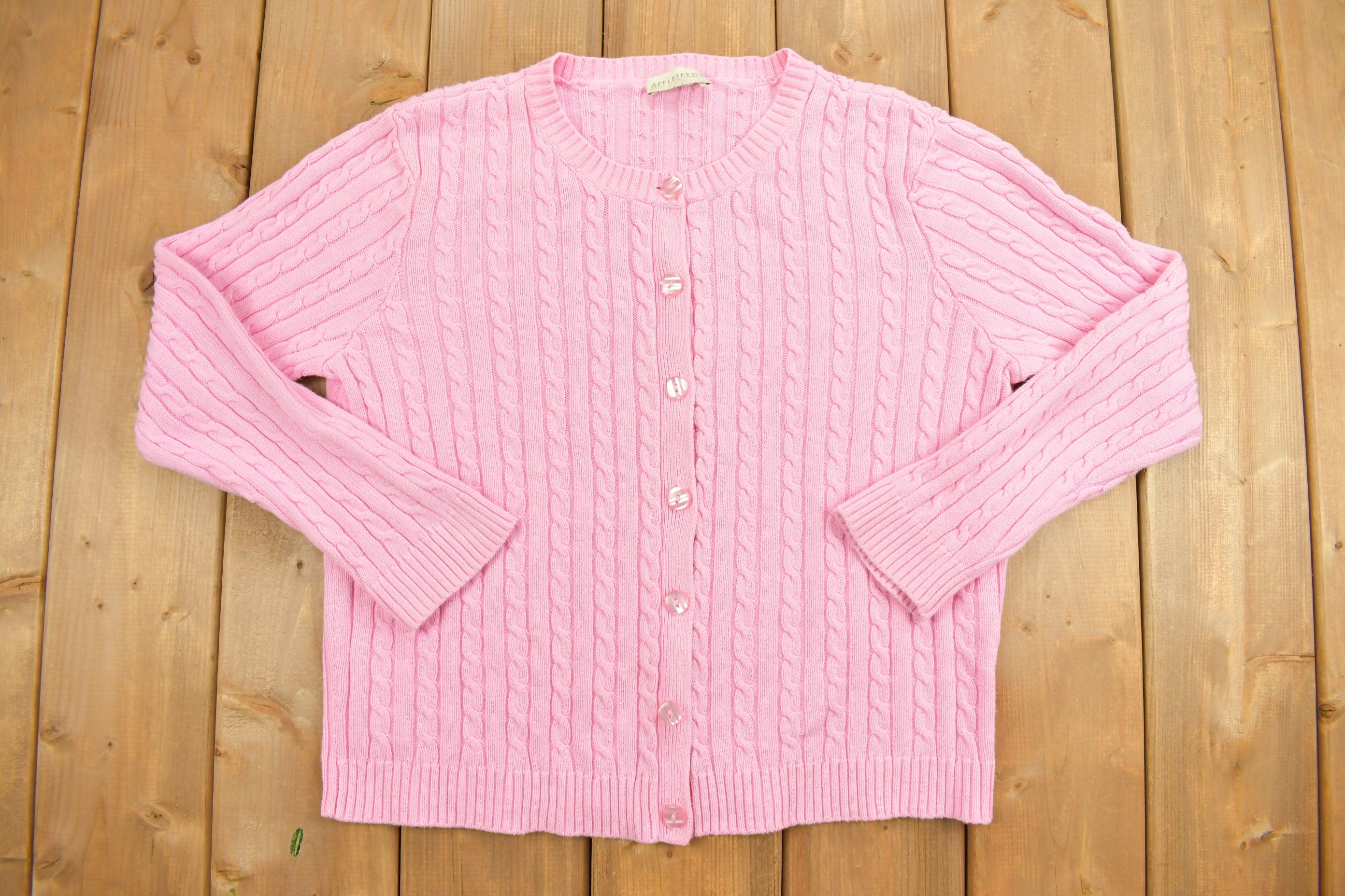 Vintage 1990s Appleseed Pink Knit Cardigan Sweater