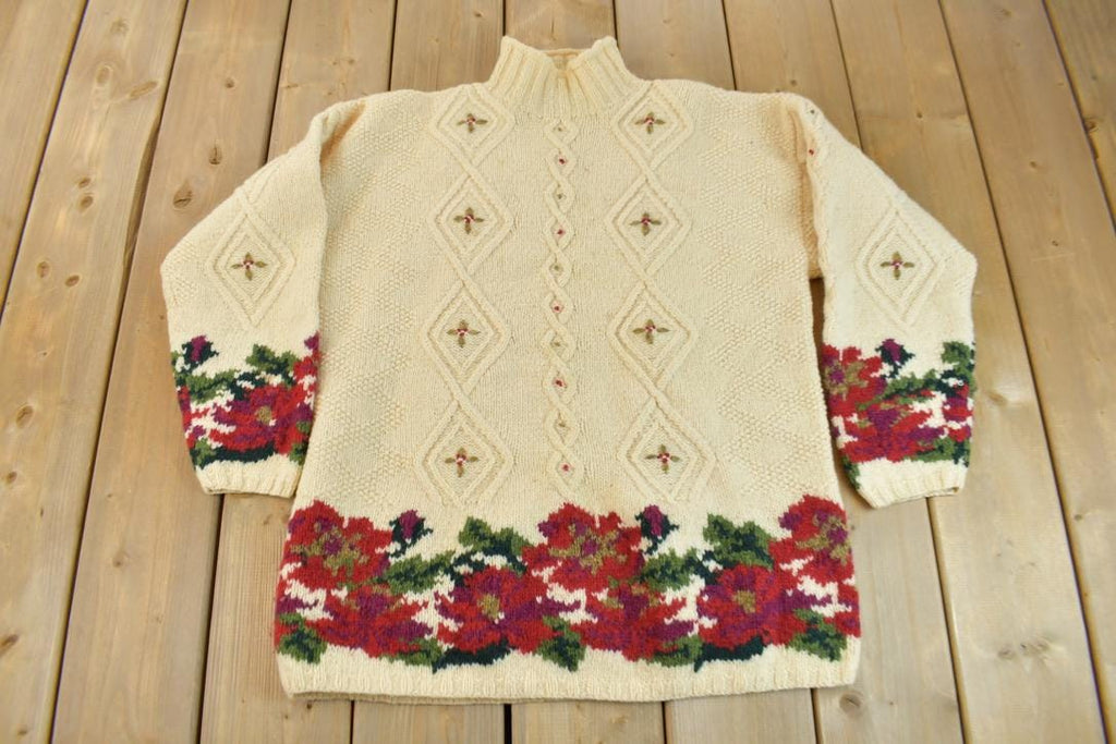 Vintage 1990s LL Bean Floral Pattern Knit Sweater / Vintage 90s / Outdoorsman / Vintage Knit / Mock Neck / Pure Wool