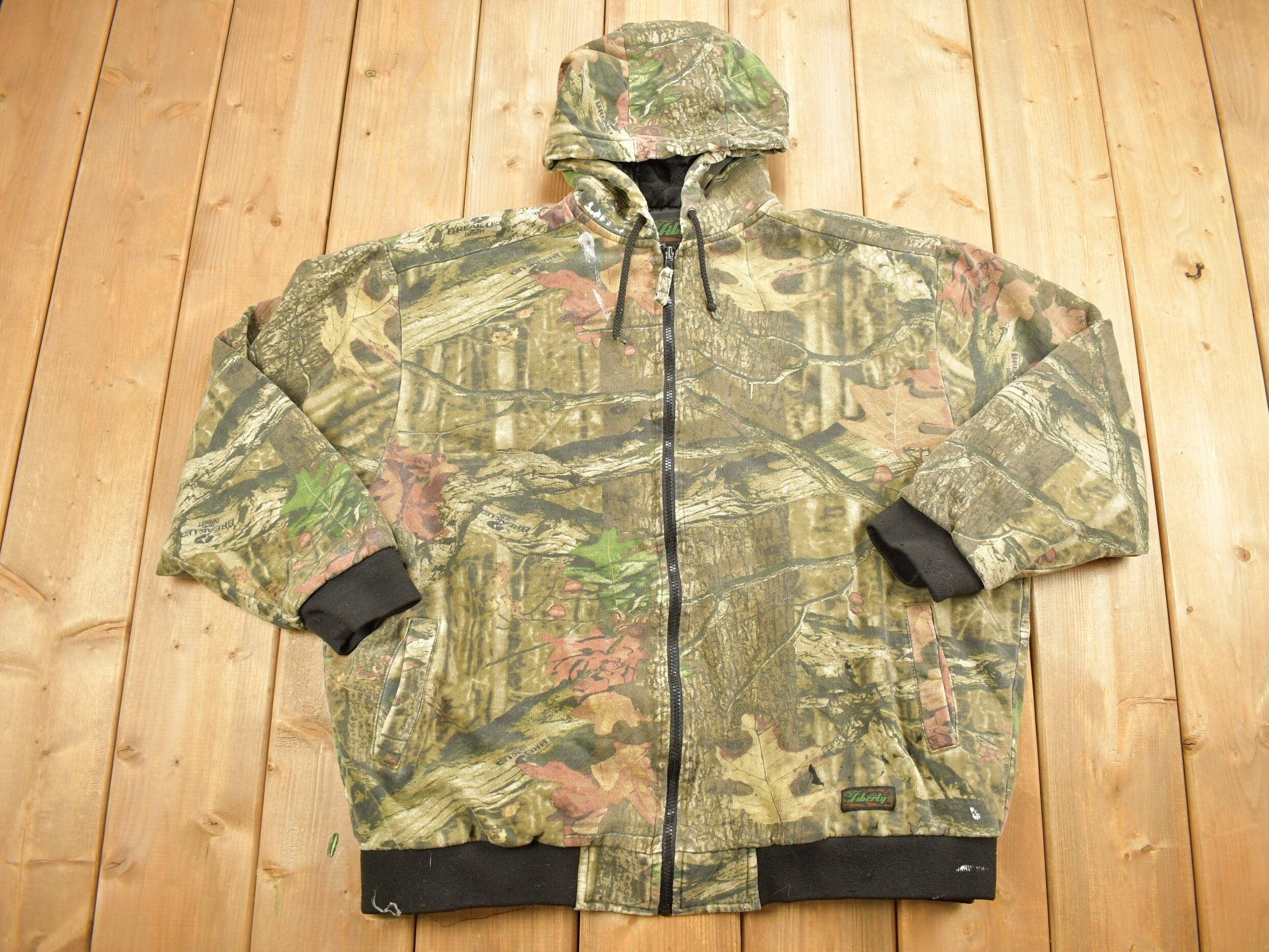 Vintage 1990s Liberty Camo Zip Up Graphic Hoodie / 90s Hoodie / Vintage Sweater / 90s Full Zip / Color Block / Hunting Jacket