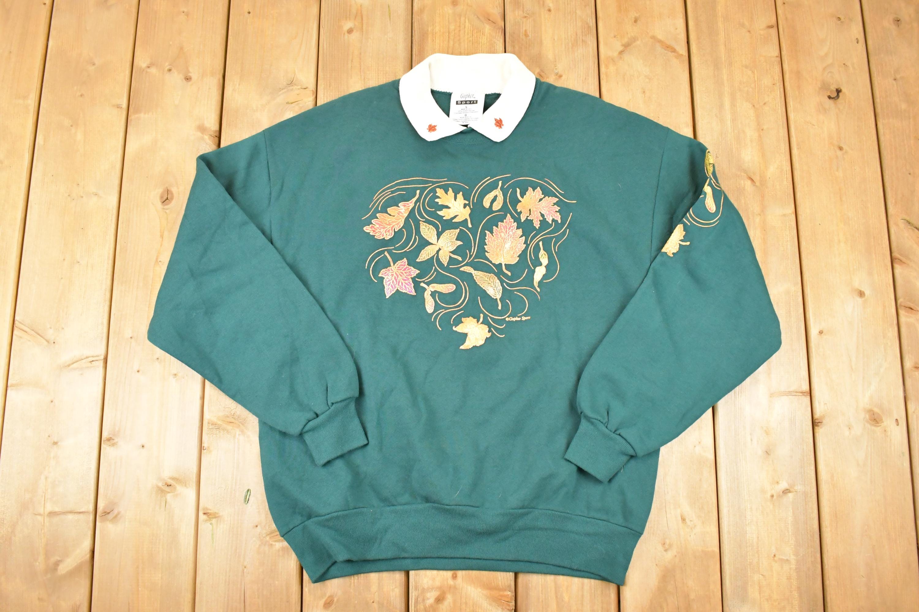 Vintage 1990s Gopher Sport Collared Leaf Design Graphic Print Collared Sweatshirt Women's L
