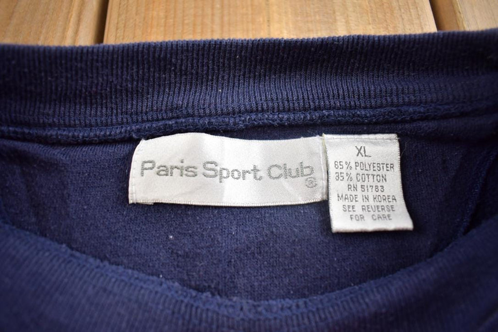 Vintage 1990s Paris Sport Club Authentic Blue Jeans Embroidered Crewneck Sweatshirt Made In USA