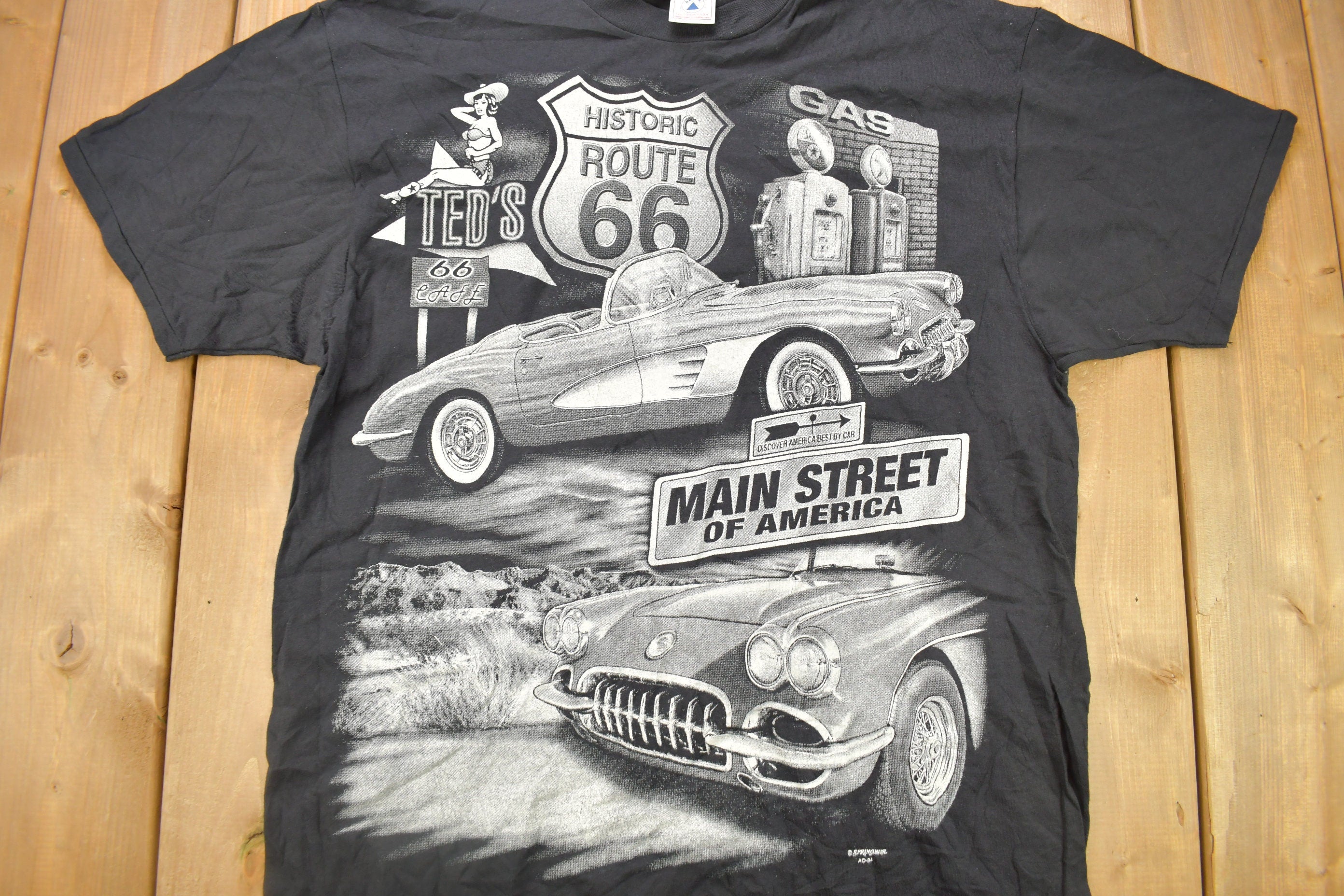Vintage 1990s Main Street Of America Route 66 Classic Car Graphic T Shirt