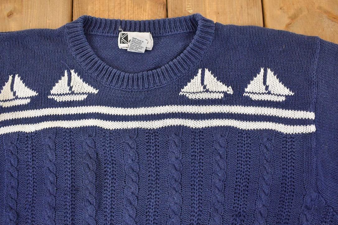 Vintage 1990s Kobe Nautical Cable Knit Crewneck Sweater Mens L