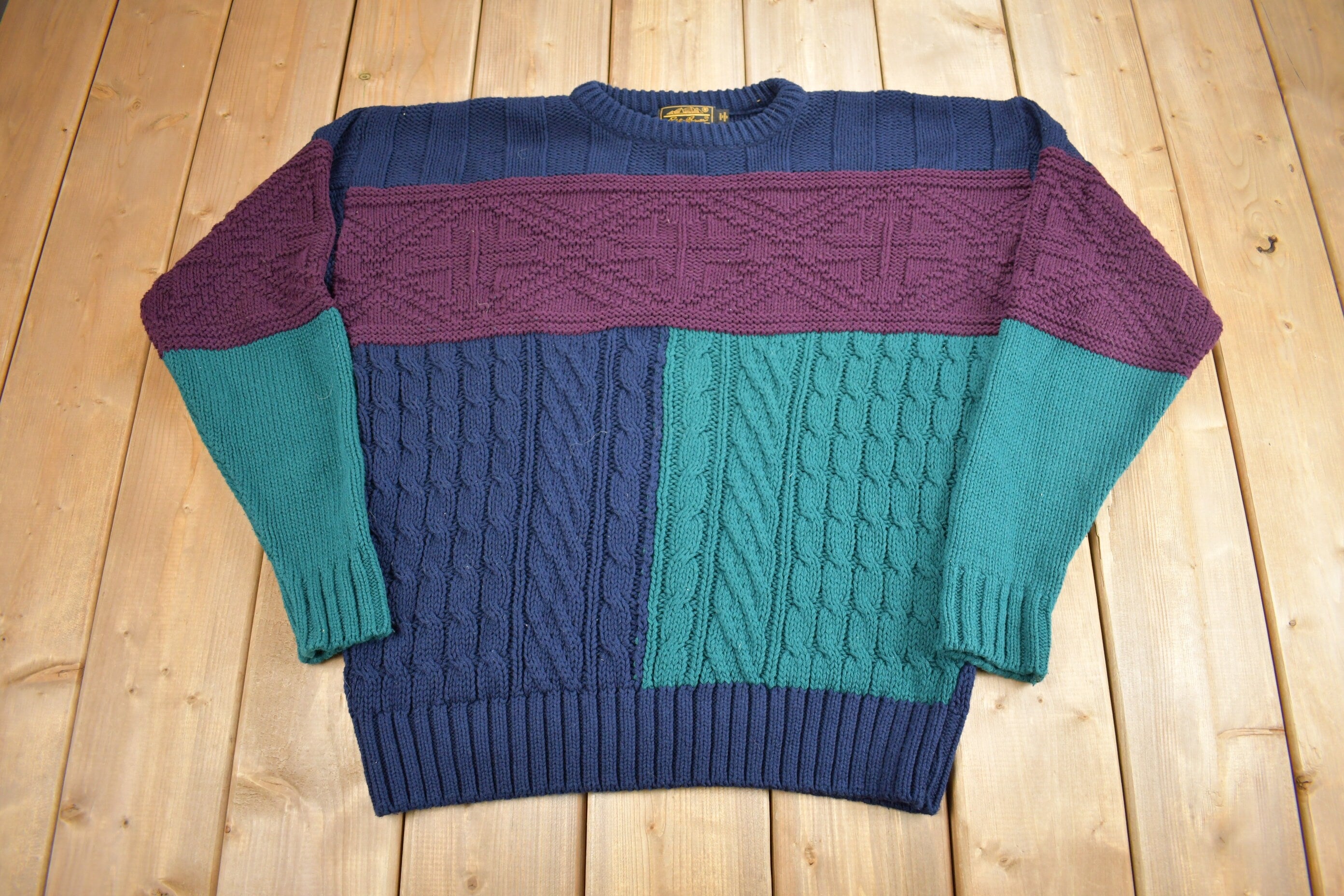 Vintage 1990s Eddie Bauer Color Block Cable Knit Sweater