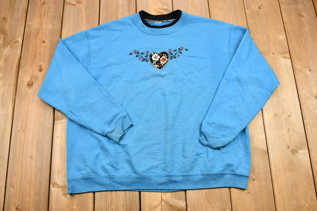 Vintage 1990s Floral Heart Embroidered Double Crewneck Sweatshirt