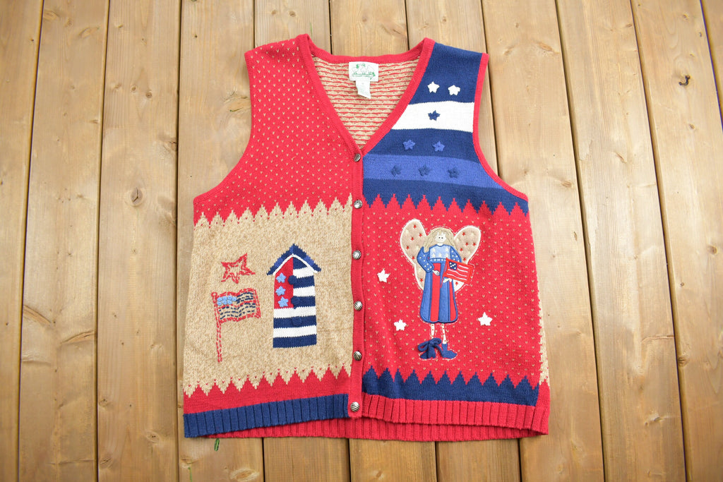 Vintage 1990s The Quacker Factory America Theme Knit Cardigan  Angel  Vintage Cardigan  Button Up  Abstract Pattern  All Over Graphic