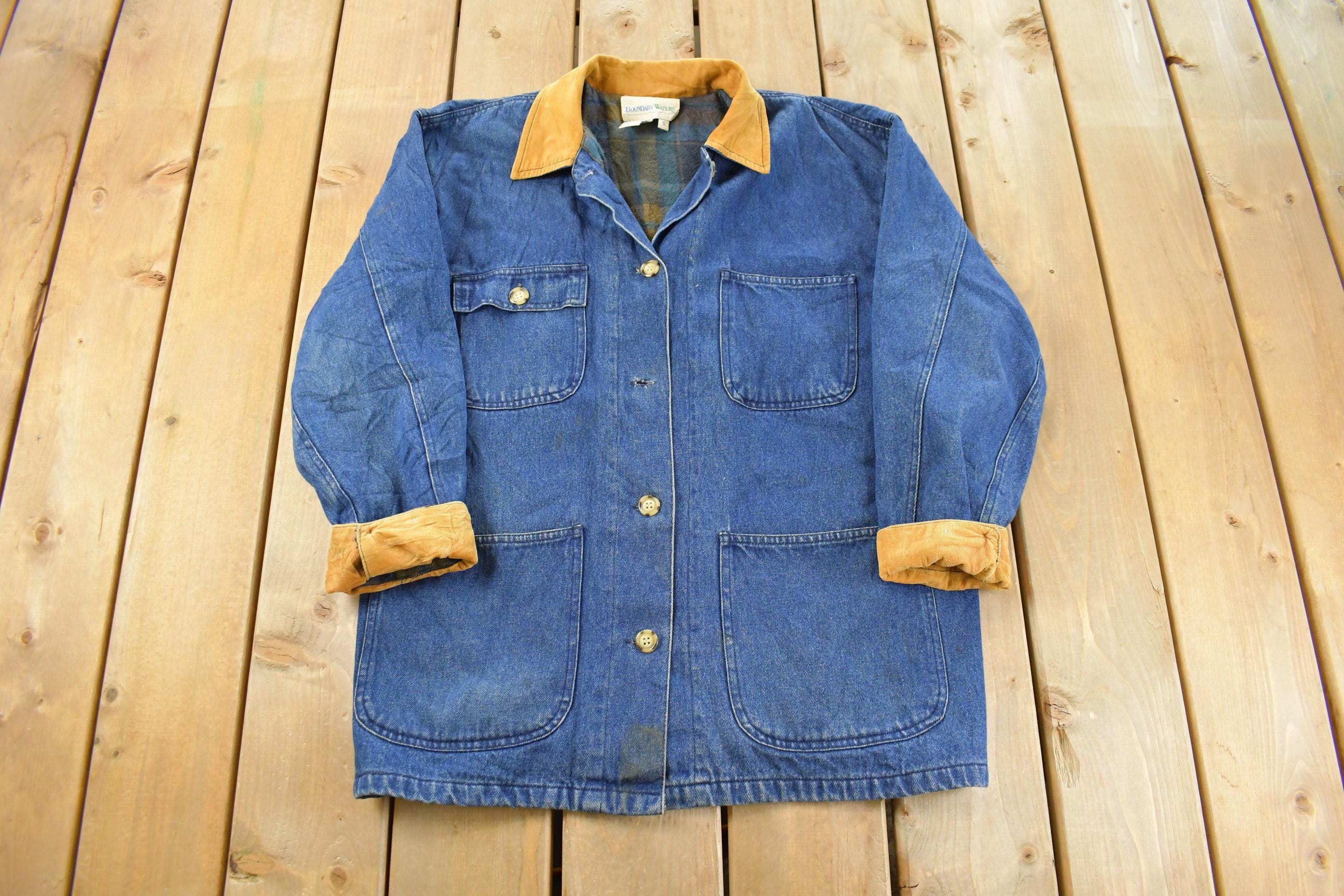 Vintage 1990s Boundary Waters Plaid Lined Denim Jean Chore Coat Women's S