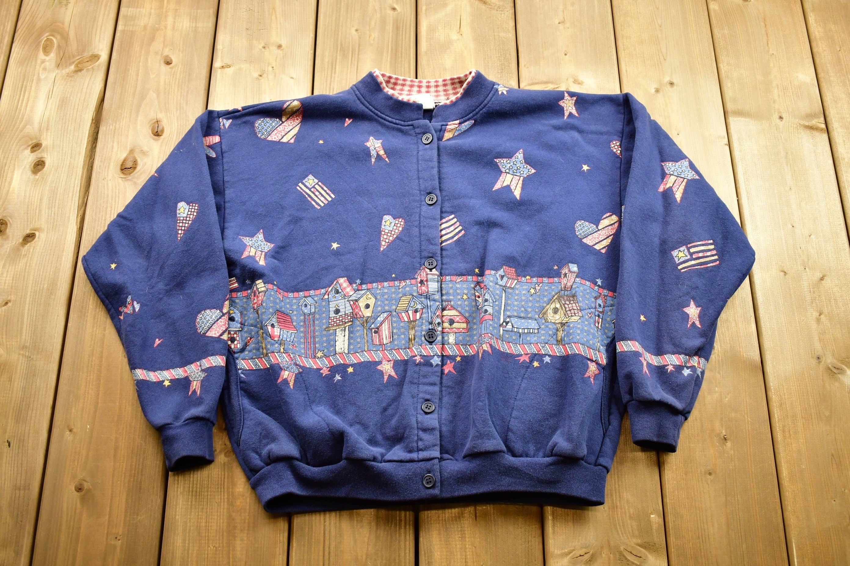 Vintage 1990s Stars And Stripes Flag Graphic Button Up Sweatshirt