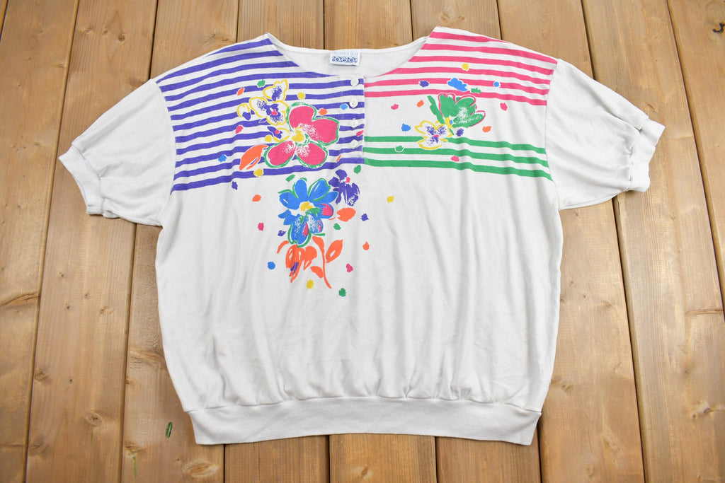 Vintage 1990s Floral Graphic Quarter Button T-Shirt