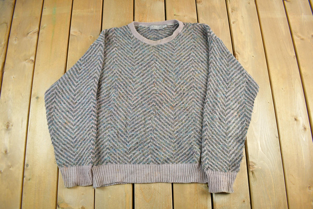 Vintage 90s Knit Crewneck Sweater - Abstract Herringbone Pattern, Mens XL