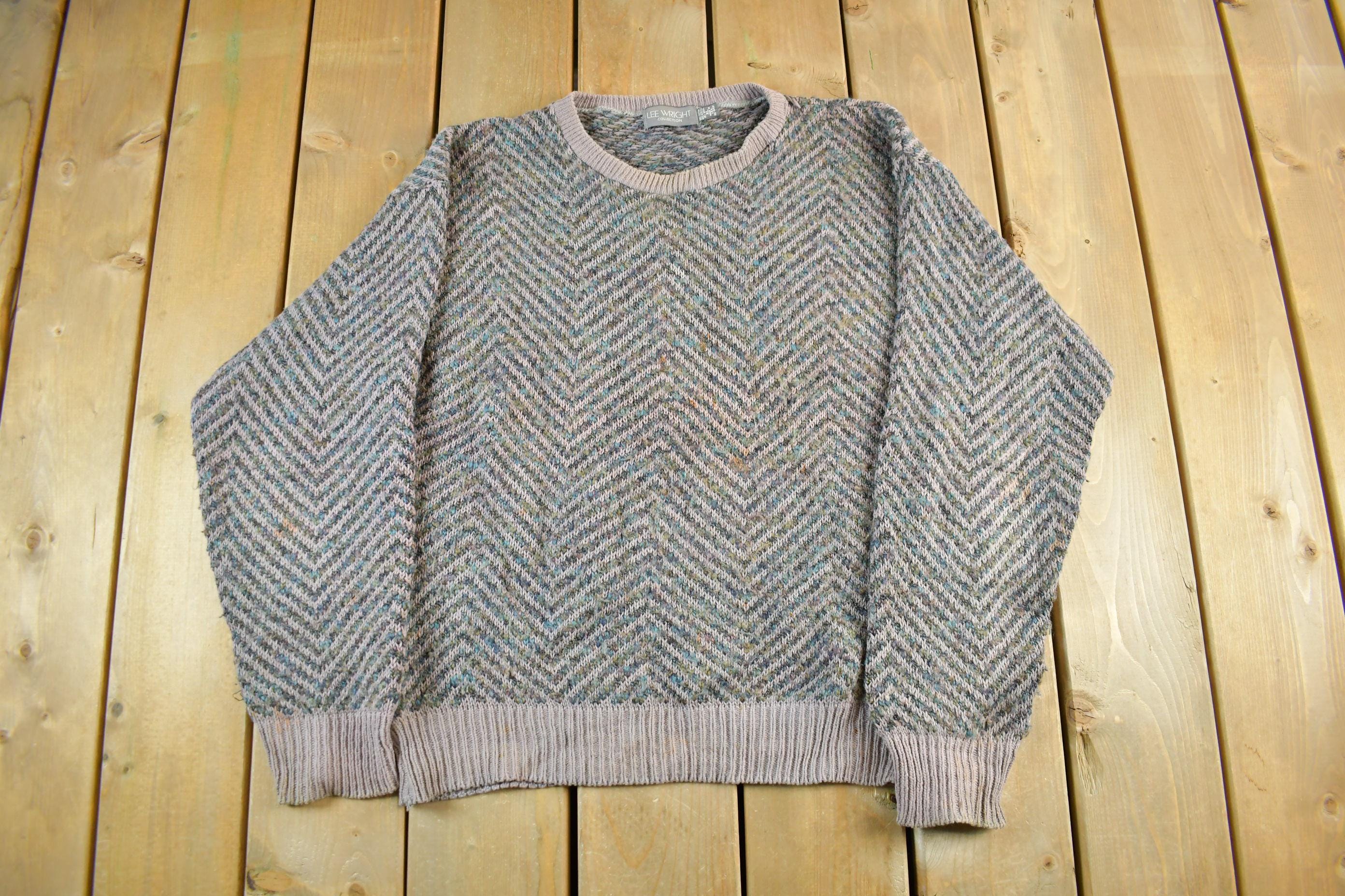 Vintage 90s Knit Crewneck Sweater - Abstract Herringbone Pattern, Mens XL