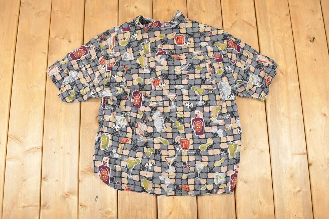 Vintage 1990s Big Dogs Bottles AOP Abstract Button Up Shirt Men's M /