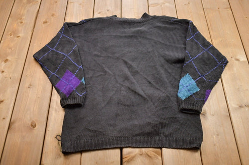 Vintage 1990s Knitted Argyle Floral Crewneck Sweater / Vintage 90s Crewneck / All Over Pattern / Colorful / Sweatshirt / Abstract Pattern