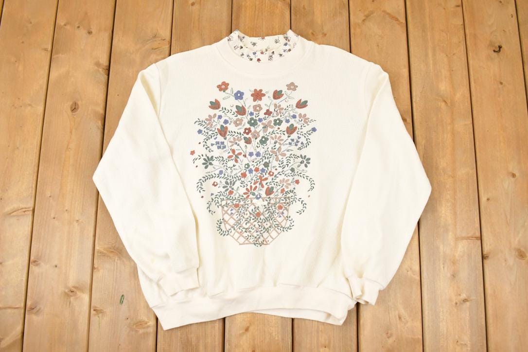 Vintage 1990s Teddi Double Collar Floral Graphic Print Crewneck Sweatshirt Womens L