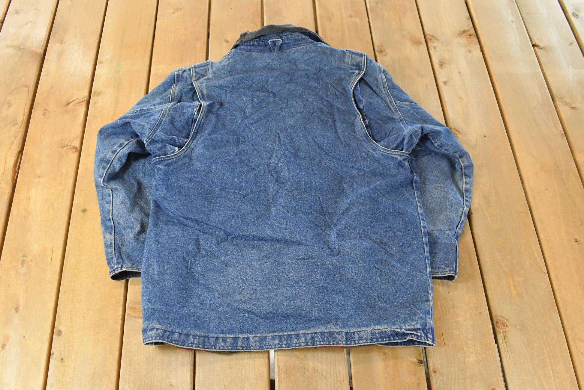 Vintage 1990s Lands End Plaid Lined Denim Chore Barn Coat Women's Medium