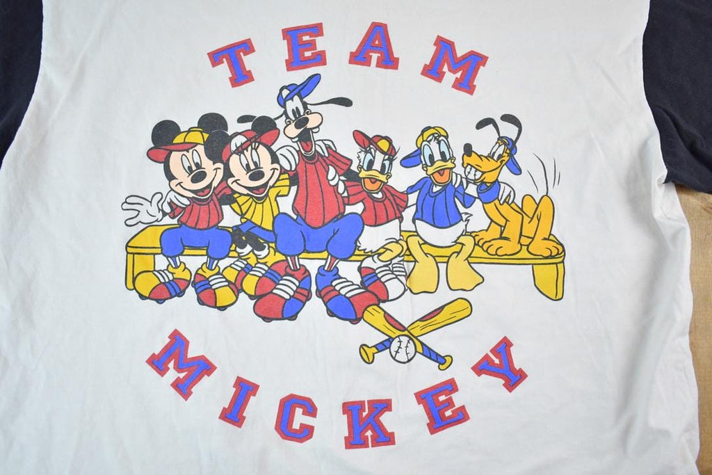 Vintage 1990s Team Mickey Disney Cartoon Baseball Promo Button Up T-Shirt Made In USA