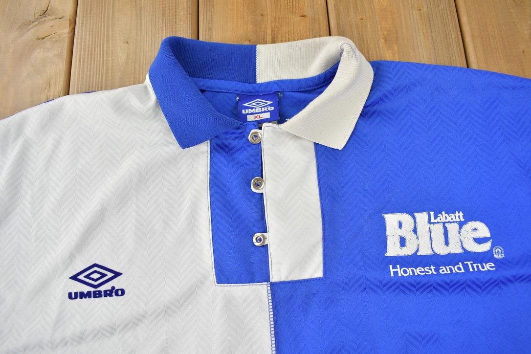 Vintage 1990s Blue & White Umbro Soccer Jersey Made In Canada Size XL