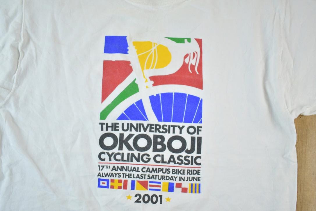 Vintage 2001 Okoboji Cycling Classic Souvenir Single Stitch Graphic Print T-Shirt