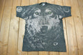 Vintage 1995 Grey Wolf Theme All Over Print Liquid Blue Graphic T-Shirt