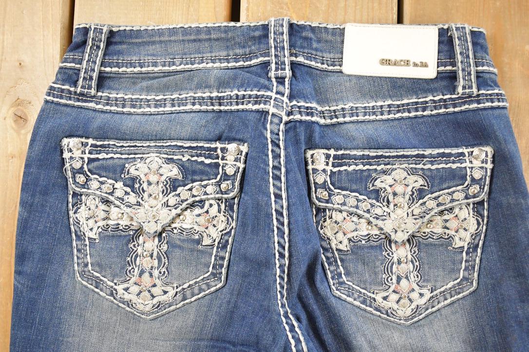 Vintage Deadstock Y2K Grace In LA Bedazzled Low Rise Jeans Women's Size 27 x 32