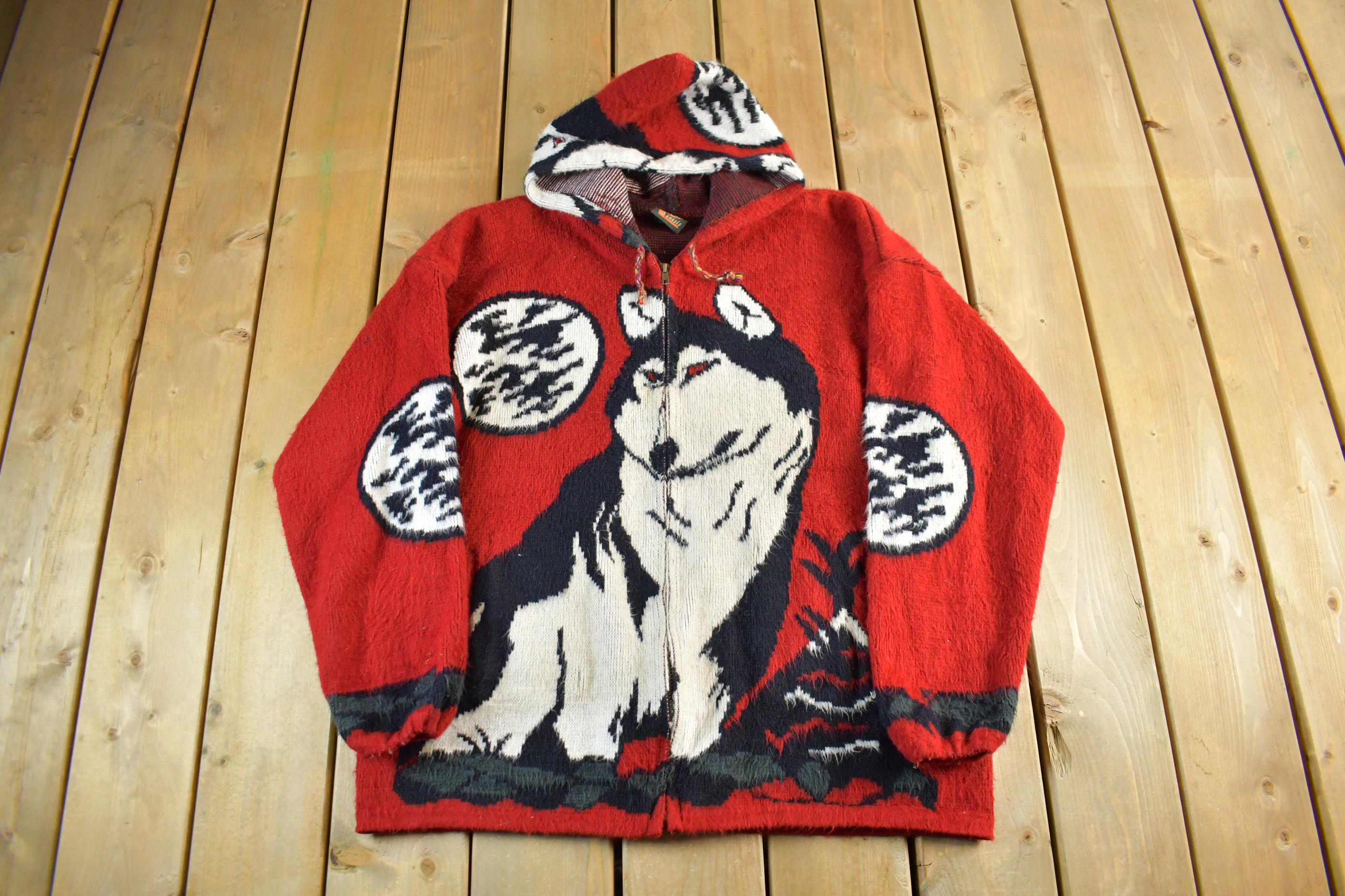 Vintage 1990s Genesis Wolf Ecuadorian Wool Knit Full Zip Hooded Sweater
