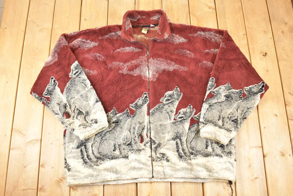 Vintage 1990s Mazmania AOP Howling Wolves Fleece Outdoorsman Sweater Men's XXL