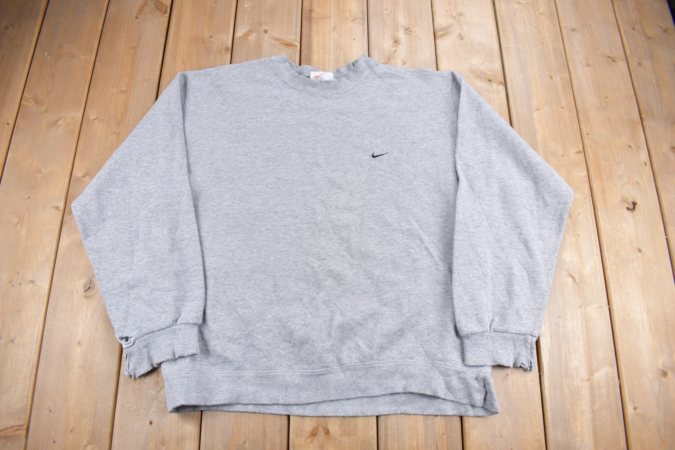 Vintage 1990s Nike Heather Grey Mini Swoosh Crewneck Sweatshirt