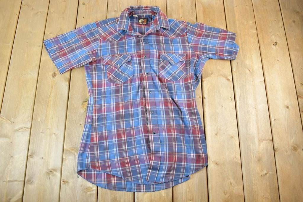 Vintage 1980s Open Range Plaid Western Cowboy Button Up Shirt