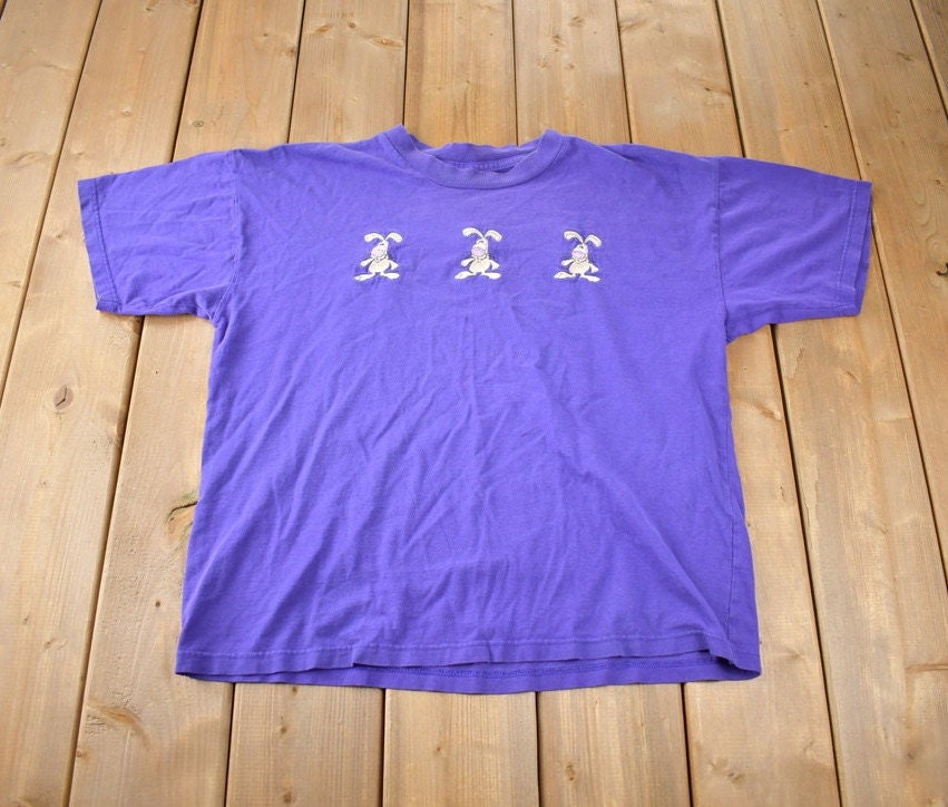 Vintage 1990s Cute Embroidered Rabbit Purple T-Shirt