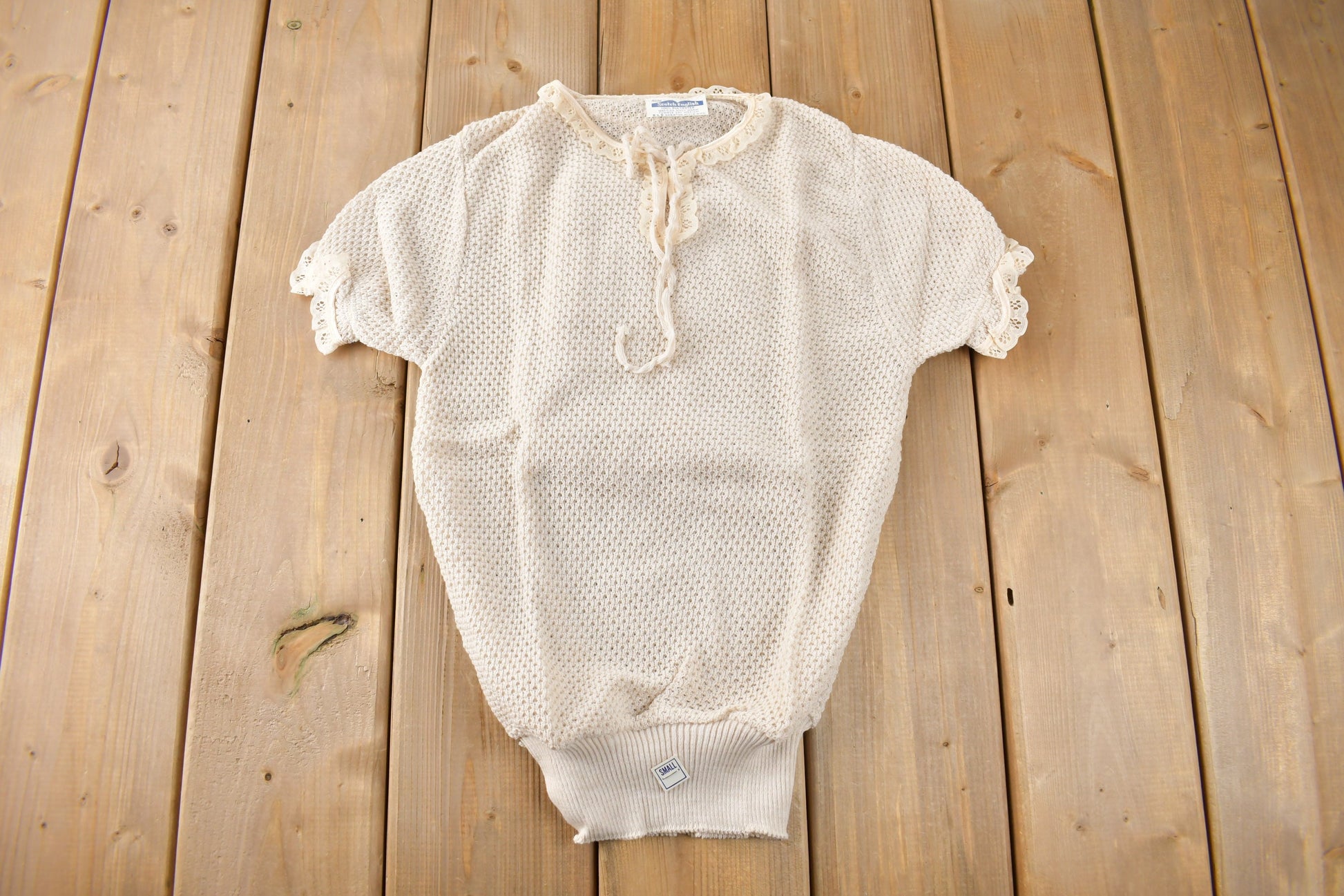 True Vintage 1960s Deadstock Miss Scotch English Short Sleeve Lace Knit Sweater