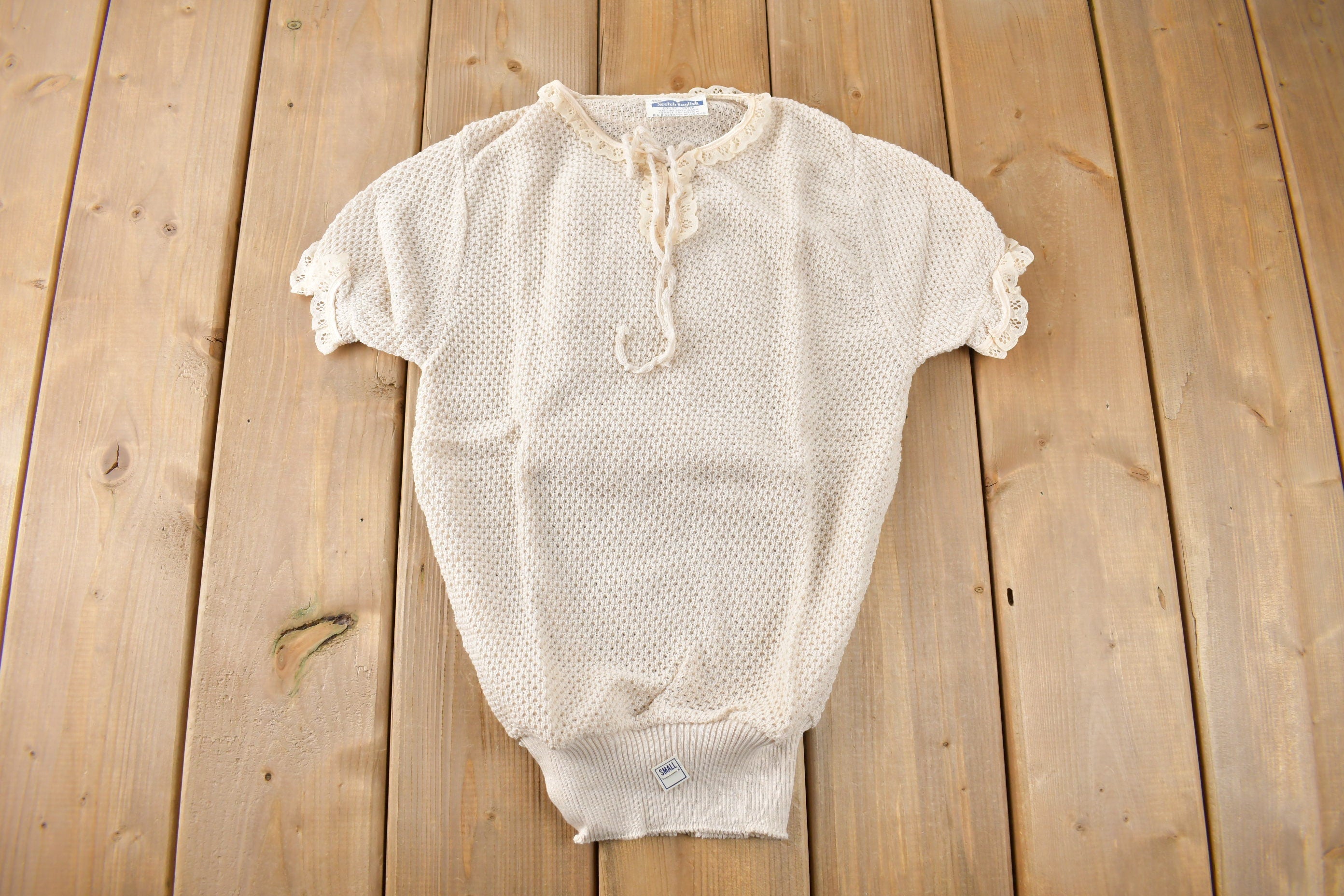 True Vintage 1960s Deadstock Miss Scotch English Short Sleeve Lace Knit Sweater