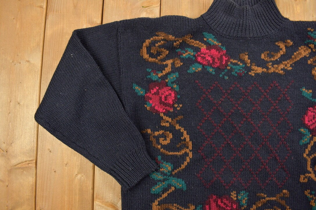Vintage 1990's Jones New York Womens Floral Knit Sweater
