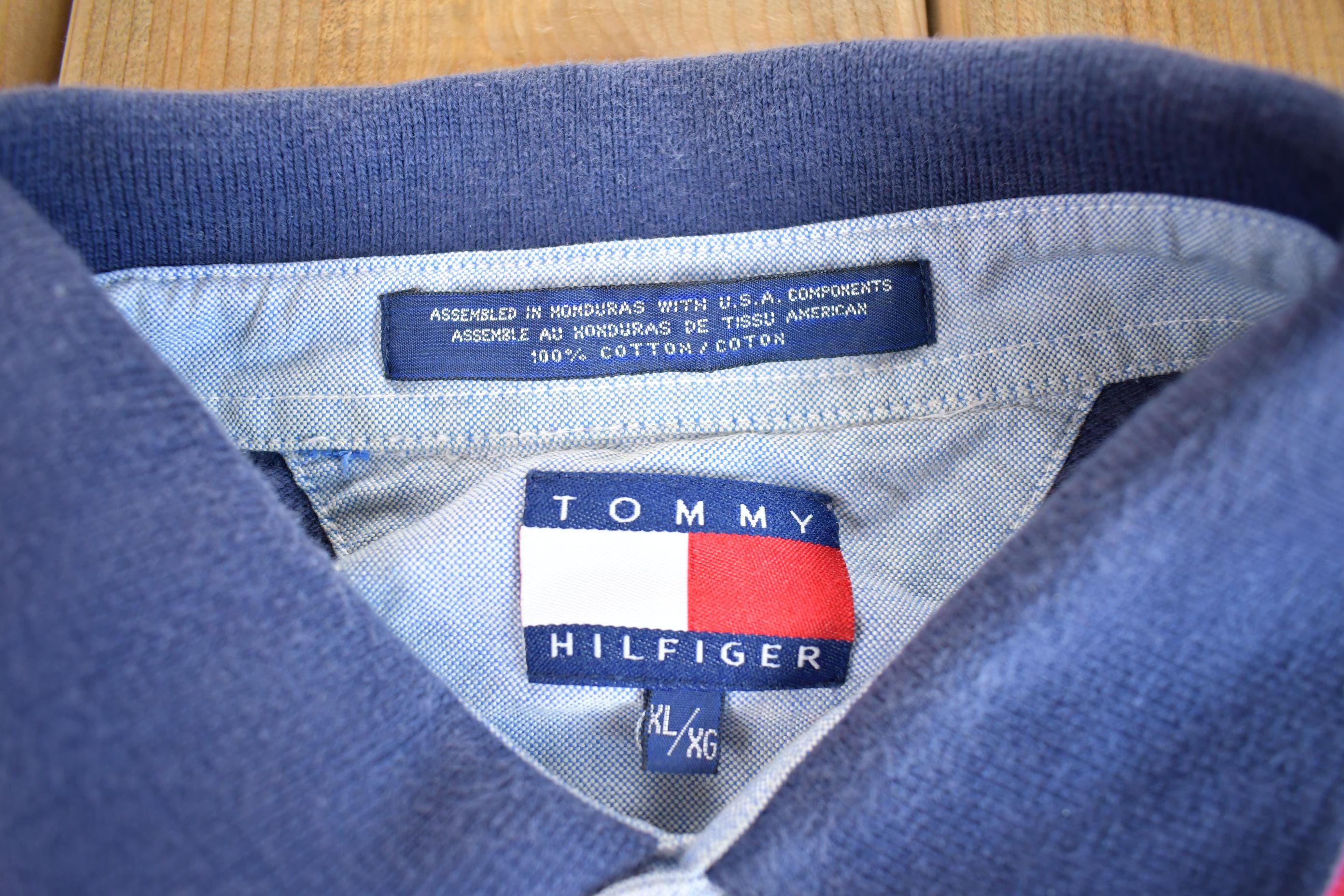 Vintage 1990s Tommy Hilfiger Color Block Short Sleeve Preppy Quarter Button Up